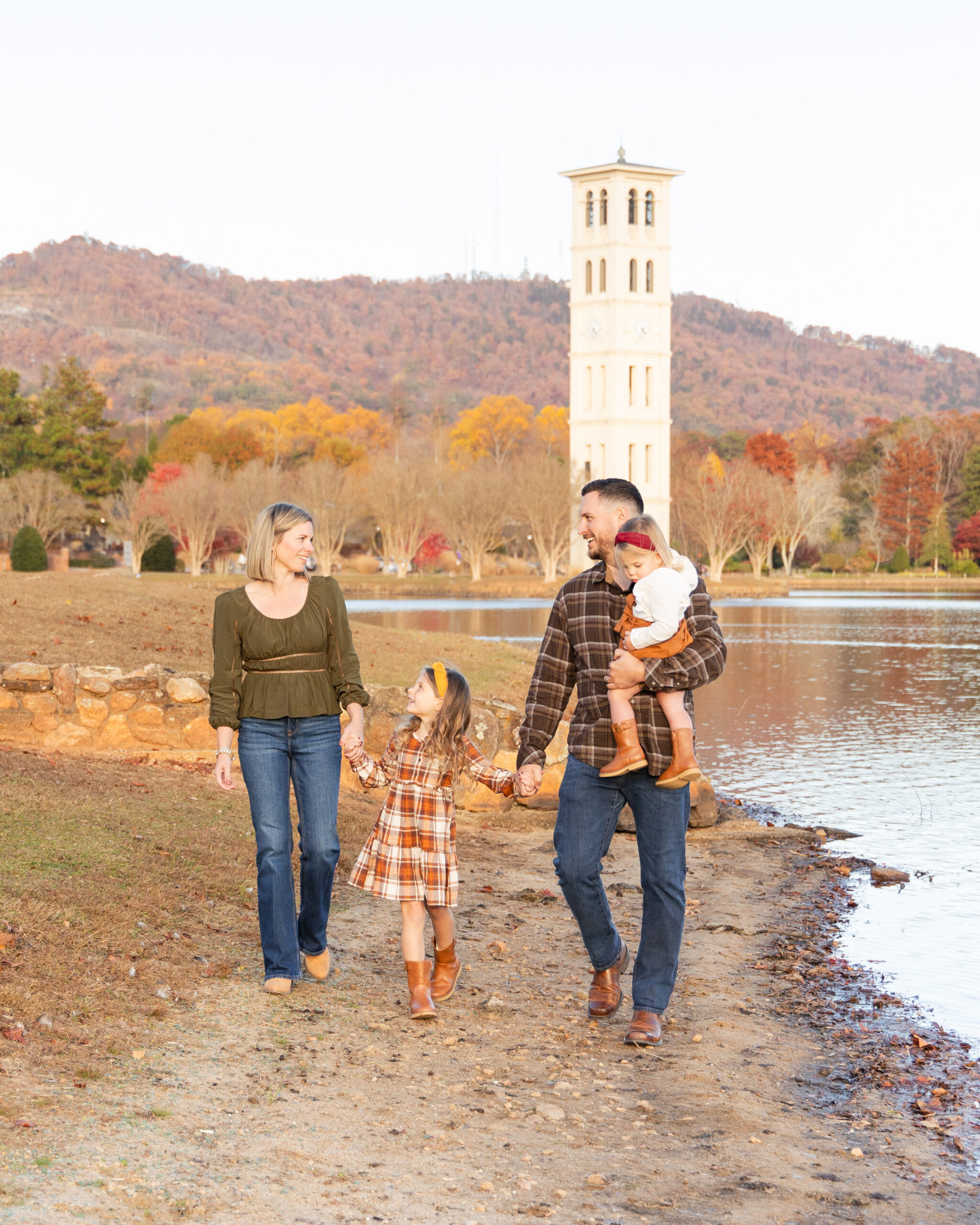 family portraits at furman university walking at the lake