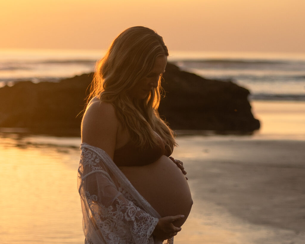 Goddess Maternity Photography on the beach at sunset